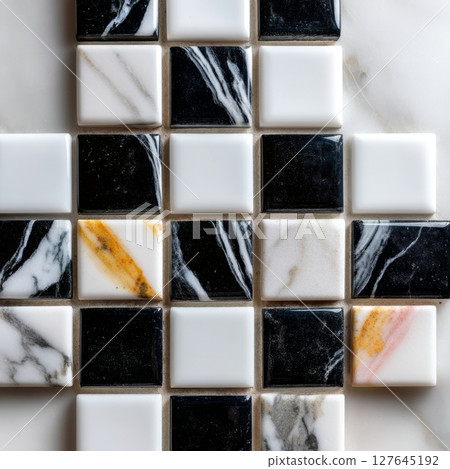 Checkerboard marble mosaic with high gloss tiles and minimalistic design contrast Checkerboard marble mosaic with high gloss tiles and minimalistic design contrast 127645192