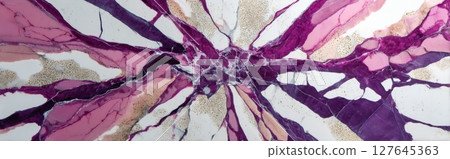 Wide background of Calacatta Viola marble with radiant violet and pink veins spreading in starburst pattern 127645363