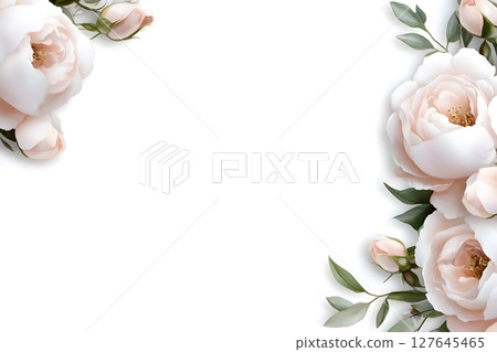 Elegant illustration featuring soft pink roses and green leaves on a white background. Perfect for wedding invitations, greeting cards, floral decorations, or romantic designs. 127645465