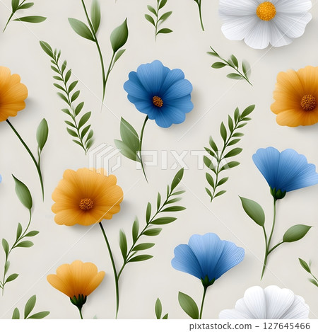 Seamless illustration of colorful flowers and green leaves on a light background. Features blue, yellow, and white blossoms. Perfect for textiles, packaging, or nature-inspired designs. Seamless illustration of colorful flowers and green leaves on a light background. Features blue, yellow, and white blossoms. Perfect for textiles, packaging, or nature-inspired designs. 127645466