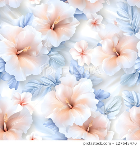 Elegant floral illustration with peach and ivory hibiscus flowers, soft blue leaves, and a white pastel background. Perfect for wedding designs, invitations, or delicate decorative themes. 127645470