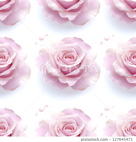 Seamless pattern with delicate pink roses and water droplets on a white background. Ideal for wedding designs, romantic themes, fabric prints, or luxury decorations. 127645471
