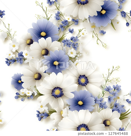 Elegant floral arrangement featuring white and blue daisies with delicate greenery on a seamless white background. Perfect for invitations, textile designs. Elegant floral arrangement featuring white and blue daisies with delicate greenery on a seamless white background. Perfect for invitations, textile designs. 127645488