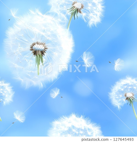 Delicate dandelions with seeds floating in the air on a bright blue sky background. Perfect for nature-themed projects, spring visuals, or conceptual designs about freedom and lightness. 127645493