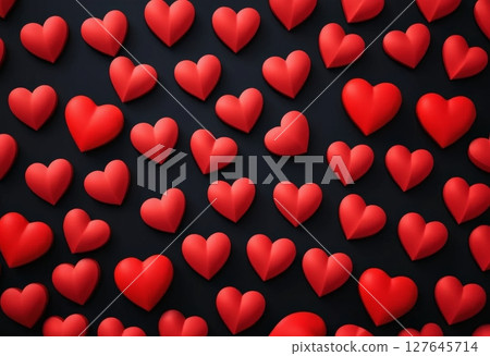 A lively display of varied red hearts scattered against a dark backdrop, symbolizing love and romance, ideal for themed designs, cards, and marketing materials for special occasions 127645714