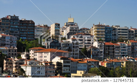 Istanbul. Taksim district aerial view from cruise ship. Galataport waterfront in Karakoy Istanbul. Taksim district aerial view from cruise ship. Galataport waterfront in Karakoy 127645731