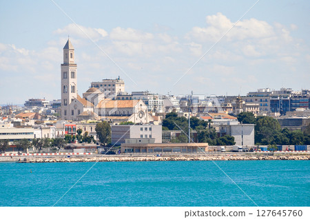 Bari, Italy - May 10, 2025: Aerial view from sea of San Sabino cathedral at Bari at Italy 127645760
