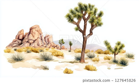 Joshua Tree National Park. Joshua Tree National Park hand drawn watercolor illustration Joshua Tree National Park. Joshua Tree National Park hand drawn watercolor illustration 127645826