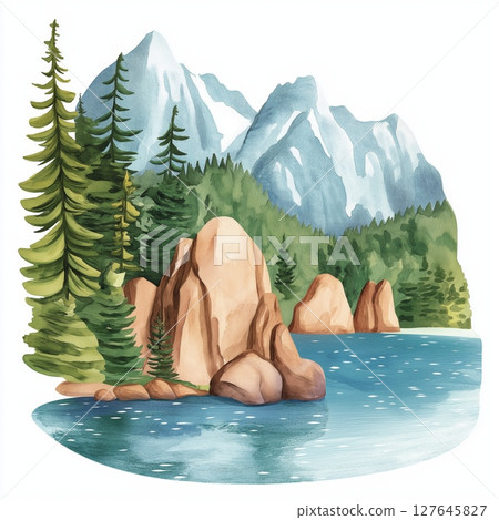 Kenai Fjords National Park. Kenai Fjords National Park hand drawn watercolor illustration 127645827