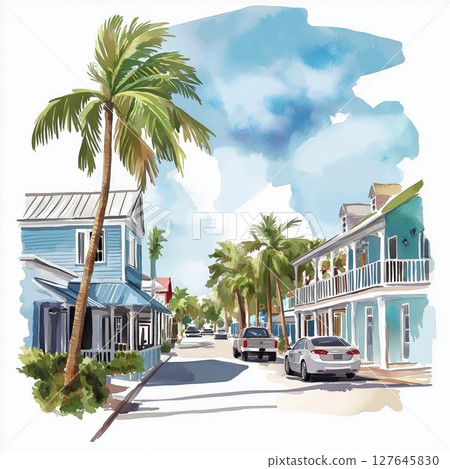 Key West Duval Street. Key West Duval Street hand drawn watercolor illustration 127645830
