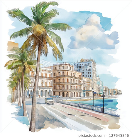 Malecon. Malecon hand drawn watercolor illustration Malecon. Malecon hand drawn watercolor illustration 127645846