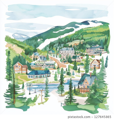 Mont-Tremblant . Mont-Tremblant  hand drawn watercolor illustration 127645865