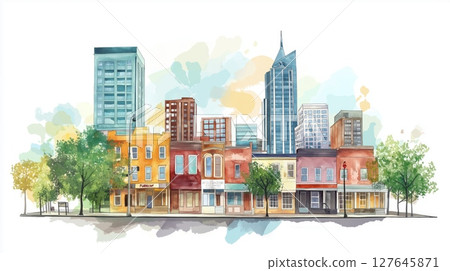 Nashville's Broadway and Music Row. Nashville's Broadway and Music Row hand drawn watercolor illustration 127645871