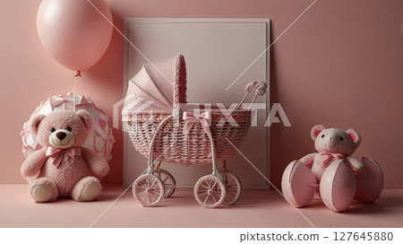 A charming pink baby carriage is displayed with a plush teddy bear and a balloon, creating a delightful scene for welcoming a new addition to the family. A charming pink baby carriage is displayed with a plush teddy bear and a balloon, creating a delightful scene for welcoming a new addition to the family. 127645880