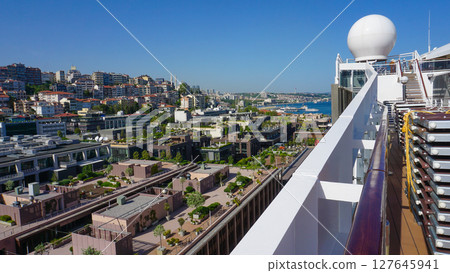 Istanbul, Turkey - Galataport waterfront in Karakoy with a view of the city skyline 127645941