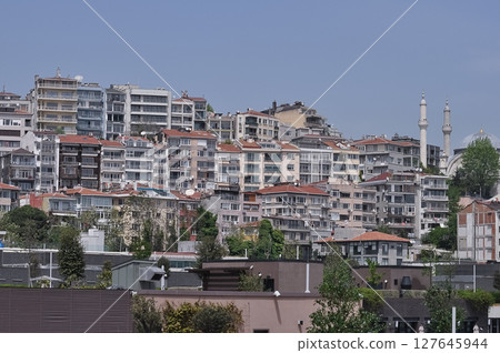Istanbul. Taksim district aerial view from cruise ship. Galataport waterfront in Karakoy Istanbul. Taksim district aerial view from cruise ship. Galataport waterfront in Karakoy 127645944
