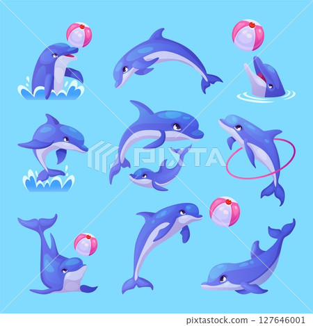 Cartoon dolphins. Cute dolphin happy characters, sea fish under water animal swim jump play ball in dolphinarium aquarium underwater pool aquatic park, swanky vector illustration 127646001