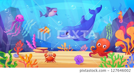 Underwater animals landscape. Seabed animal sea life scene ocean world, marine cute fish under water creature dolphin aquatic bottom reef plant cartoon swanky vector illustration 127646002
