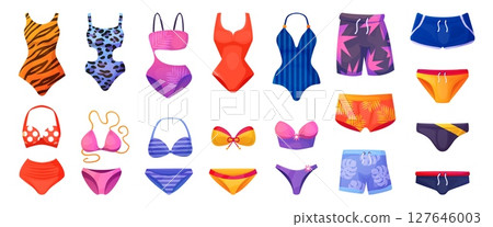 Cartoon swim underwear. Swimsuit and swimming trunks, male female swimwear women bikini men pants shorts swim summer beach clothes beachwear collection swanky vector illustration 127646003