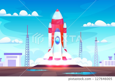 Rocket launch station. Satellite start up to space, spaceship development shuttle take off aerospace pad control cosmic expedition mission rocketship, swanky vector illustration Rocket launch station. Satellite start up to space, spaceship development shuttle take off aerospace pad control cosmic expedition mission rocketship, swanky vector illustration 127646005
