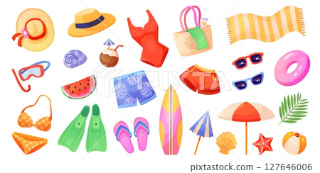 Summer beach stuff. Cartoon travel summertime accessories, tropical sea holiday tourist clothes hat bag bikini slippers sunglasses parasol pool party, swanky vector illustration Summer beach stuff. Cartoon travel summertime accessories, tropical sea holiday tourist clothes hat bag bikini slippers sunglasses parasol pool party, swanky vector illustration 127646006