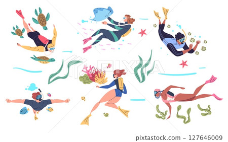 People scuba diving. Diver dive sea ocean underwater, man woman snorkel swim under water coral reef frogman immersion swimmer suit divers equipment, set classy vector illustration 127646009