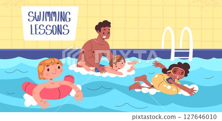 Swimming learn. Children swim in pool with coach, kids swimmers competition lesson water sport school practice exercise teacher training poolside class, classy vector illustration 127646010