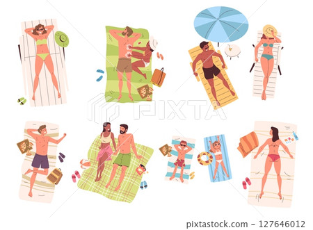 People sunbathing towels. Man woman in swimsuit lying on towel sea beach, relax sunbath top view tan guy girl bikini sun bath summer vacation pool rest, classy vector illustration 127646012