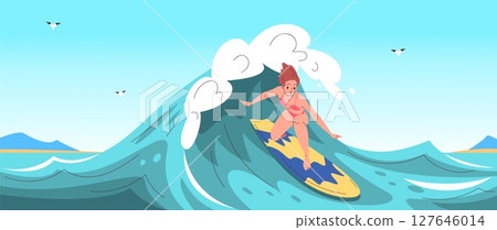 Woman surfer on wave. Girl in swimsuit ride surf board ocean waves, female surfing extreme water sport summer hawaii vacation beach surfboard activity, classy vector illustration 127646014