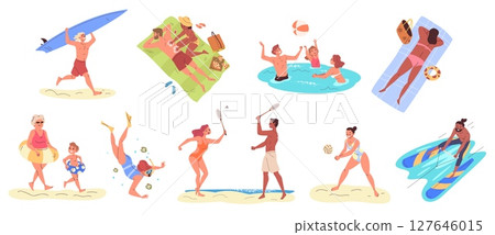 People beach activities. Woman man in swimwear characters, summer vacation activity relaxing sunbathing ocean sea water game seaside outdoor leisure set classy vector illustration People beach activities. Woman man in swimwear characters, summer vacation activity relaxing sunbathing ocean sea water game seaside outdoor leisure set classy vector illustration 127646015