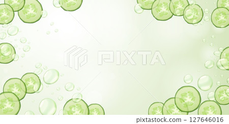 Realistic cucumber background. Fresh cucumbers slices with water splash, soothing spa skincare face cosmetic ad design green liquid beauty vegan concept exact vector illustration Realistic cucumber background. Fresh cucumbers slices with water splash, soothing spa skincare face cosmetic ad design green liquid beauty vegan concept exact vector illustration 127646016
