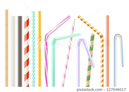 Realistic drinking straw. Plastic straws for cocktail drink glass, 3d bendy tube red stripe reusable paper bamboo pipes drinking juice alcohol beverages, exact vector illustration 127646017