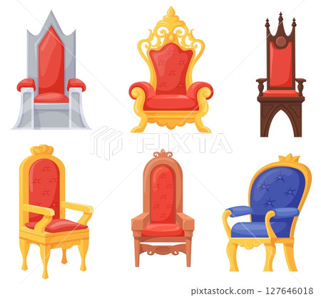 Cartoon royal thrones. King chair queen throne emperor seat antique medieval luxury armchair kingdom fairytale game royalty object ancient castle prestige, neat vector illustration Cartoon royal thrones. King chair queen throne emperor seat antique medieval luxury armchair kingdom fairytale game royalty object ancient castle prestige, neat vector illustration 127646018