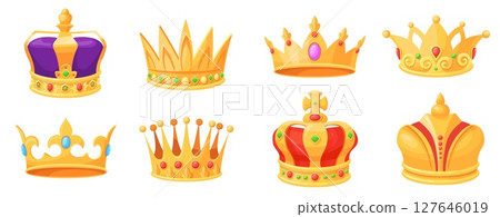 Cartoon monarch crowns. Golden crown set, king queen princess prince coronation headdress royal jewel with diamond authority power symbol rpg game award, neat vector illustration 127646019