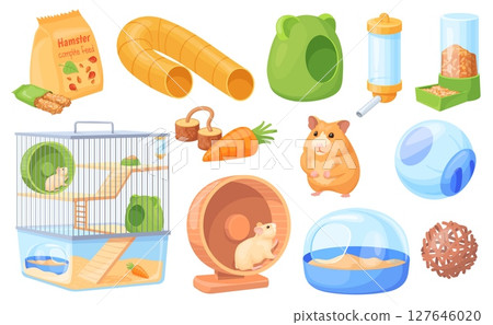 Hamster accessories. Domestic rat pet supplies, animal cage mouse house ball toy home rodent running wheel food water bottle cute gerbil cartoon vet set, neat vector illustration 127646020
