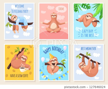 Lazy sloths cards. Cartoon cute sleepy sloth greeting card design, slow fun animal sleep on forest tree birthday pajama party with coffee tropical zoo set neat vector illustration Lazy sloths cards. Cartoon cute sleepy sloth greeting card design, slow fun animal sleep on forest tree birthday pajama party with coffee tropical zoo set neat vector illustration 127646024
