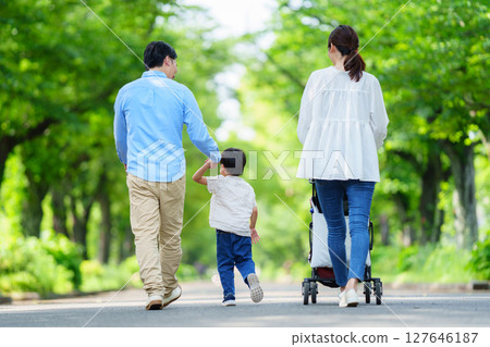 Back view of a family of four walking along a tree-lined street 127646187