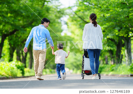一家四口沿著綠樹成蔭的街道行走的背影 127646189