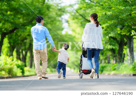 一家四口沿著綠樹成蔭的街道行走的背影 127646190