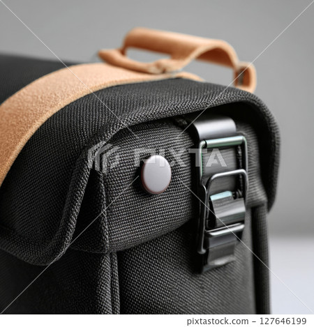 Your It Bag black canvas messenger bag with tan strap and buckle detail in minimalist design 127646199