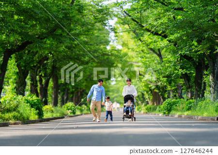 A family of four walking along a tree-lined street A family of four walking along a tree-lined street 127646244