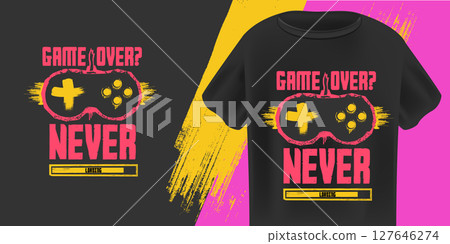 Game Over Never T-Shirt Design Vector Retro Gaming Controller with Grunge Texture and Loading Bar on Black Background, Ideal for Gamers and Youth Apparel Game Over Never T-Shirt Design Vector Retro Gaming Controller with Grunge Texture and Loading Bar on Black Background, Ideal for Gamers and Youth Apparel 127646274