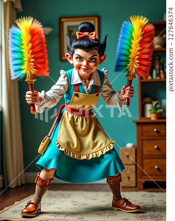 A cheerful maid with two rainbow brushes. Cartoon cleaning lady with two multi-colored pipidastres. 127646374