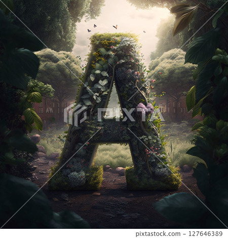 3d rendering of a fantasy garden with flowers and plants in the shape of a letter A 3d rendering of a fantasy garden with flowers and plants in the shape of a letter A 127646389