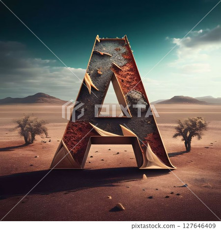 Stone letter A in the desert. 3D render. Vintage style. 127646409