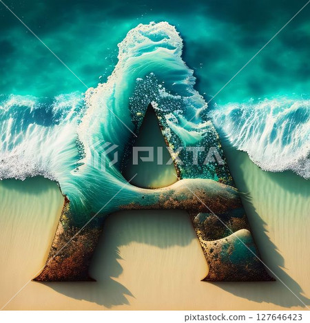 Letter A Surrounded by Ocean Waves. 3D Rendering. Letter A Surrounded by Ocean Waves. 3D Rendering. 127646423