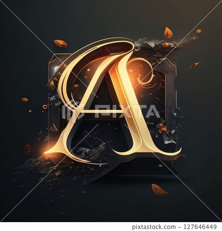 Elegant black and gold letter A with splash and fire. 127646449