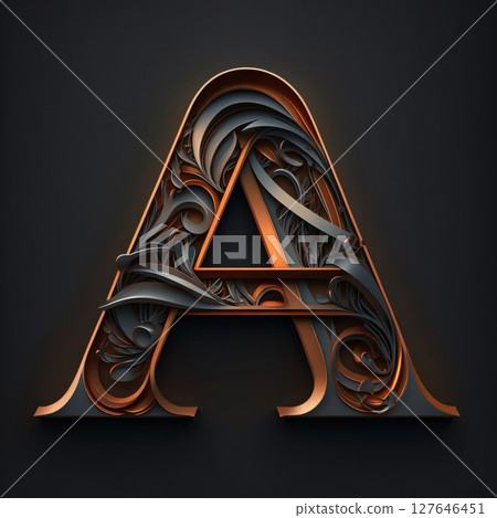 3D Letter A in the style of Baroque on a dark background. 3D Letter A in the style of Baroque on a dark background. 127646451
