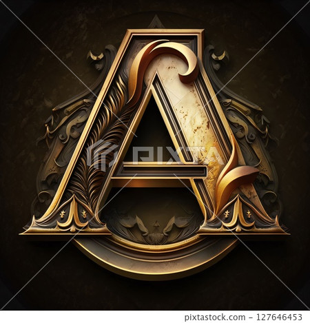 Luxury golden letter A with ornament on black background. 3D render Luxury golden letter A with ornament on black background. 3D render 127646453