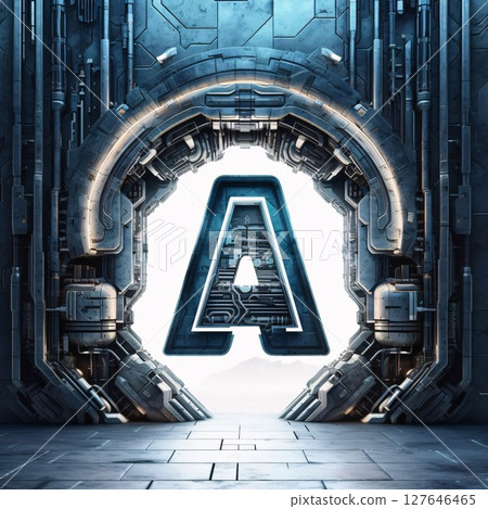 3D rendering of futuristic science fiction tunnel corridor with glowing letter A 3D rendering of futuristic science fiction tunnel corridor with glowing letter A 127646465
